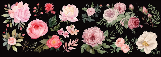 Sticker - Set of floral branch. Flower pink rose, peonies, green leaves. Flowers on a black. background. Generative AI