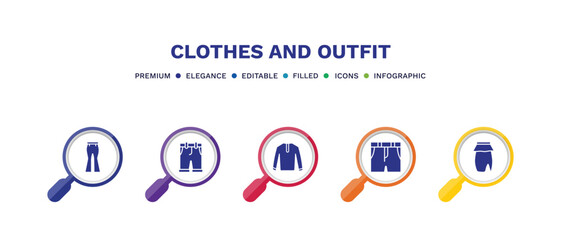 Wall Mural - set of clothes and outfit filled icons. clothes and outfit filled icons with infographic template. flat icons such as flare pants, chino shorts, nylon jacket, denim shorts, peplum skirt vector.