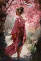 A girl in a red kimono walking among blooming pink trees, in the oriental style, light bronze and pink. Chinese culture and traditional. Asia. East. illustration made with ai