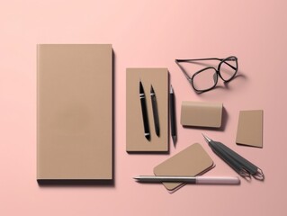 Wall Mural - A set of stationery items on a pink surface. AI generative image.