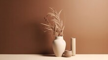 Minimalist Background With Vase And Dry Flowers. Illustration AI Generative.