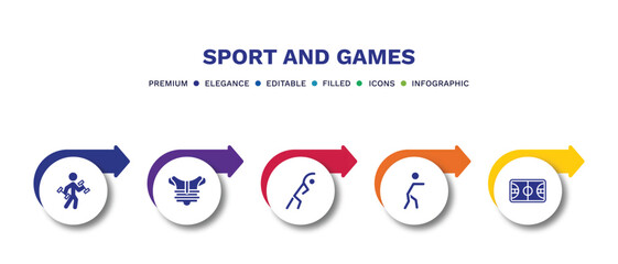 Wall Mural - set of sport and games filled icons. sport and games filled icons with infographic template.flat icons such as excercise, chest guard, stretching, man punching, basketball court vector.