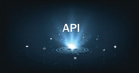 Leinwandbilder - Application Programming Interface (API) concept. Software development tools, information technology, modern technology, internet and networking concepts on dark blue background.