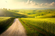 Beautiful Summer Mountain Rural Landscape; Panorama Of Summer Green Field With Dirt Road And Sunset Cloudy Sky.