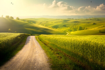 Wall Mural - Beautiful summer mountain rural landscape; Panorama of summer green field with dirt road and Sunset cloudy sky.