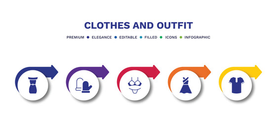 Wall Mural - set of clothes and outfit filled icons. clothes and outfit filled icons with infographic template.flat icons such as off the shoulder dress, wool gloves, lingerine, long sleeveless dress, henley