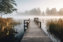 A Misty Morning On A Wooden Pier By The Lake. Generative AI