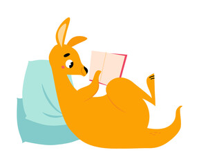 Sticker - Cute Brown Kangaroo Marsupial Character Leaning on Pillow Reading Book Vector Illustration