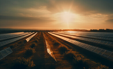 Solar panels on a solar farm in Europe at sunset 