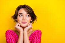 Portrait Of Optimistic Pleasant Dreamy Woman Short Haircut Wear Pink Knit Top Look Empty Space Isolated On Yellow Color Background Generative AI