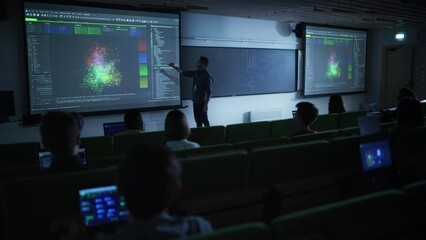 Aufkleber - Young Male Teacher Giving a Data Science Lecture to Diverse Multiethnic Group of Female and Male Students in Dark College Room. Projecting Slideshow with Artificial Intelligence Architecture
