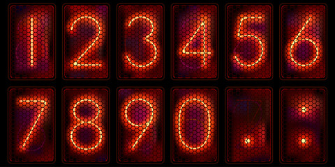 Wall Mural - Nixie clock tube. Set of glowing diode digits