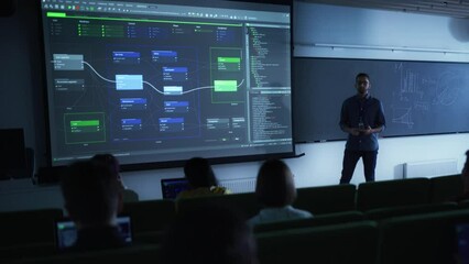 Fototapete - Young University Professor Explaining a Web Development Project to a Group of Diverse Multiethnic Students in a Dark Auditorium. Teacher Showing a Back-End Roadmap on Two Big Screens