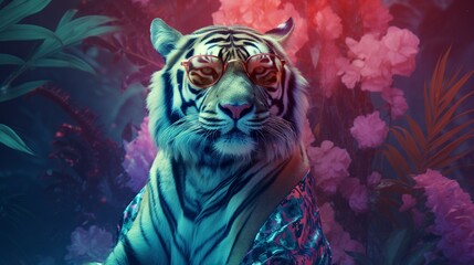  Fashion tiger wearing sunglasses in hipster style on tropical background. Beautiful tiger. Summer seamless. Tiger animal skin background.