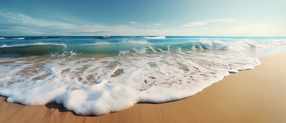 Poster - Beach and sea. Blue and aquamarine color sea waves and yellow sand with white foam. Generative AI