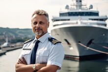 Confident Captain Standing In Front Of A Luxury Yacht. The Captain Exudes A Sense Of Professionalism And Expertise, With The Impressive Yacht In The Background. Generative AI