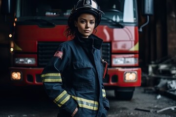 mixed female firefighter stands confidently in her uniform, ready to take on any challenge that comes her way. Generative AI