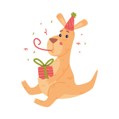 Wall Mural - Funny Kangaroo Marsupial Animal Blowing Whistle in Birthday Hat with Gift Box Vector Illustration