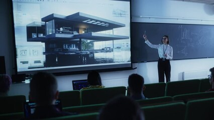 Leinwandbilder - Young Female Lecturer Giving a Residential Architecture Lecture to Diverse Multiethnic Group of Female and Male Students in Dark College Room. Projecting Slideshow with a Private Housing Project