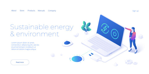 Woman unplugging socket. Sustainable energy concept in isometric vector design. Ecological electricity consumption and power usage. Web banner layout template