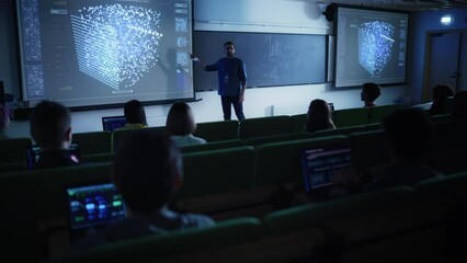 Leinwandbilder - Young Male Teacher Giving a Data Science Lecture to Diverse Multiethnic Group of Female and Male Students in Dark College Room. Projecting Slideshow with Artificial Intelligence Architecture