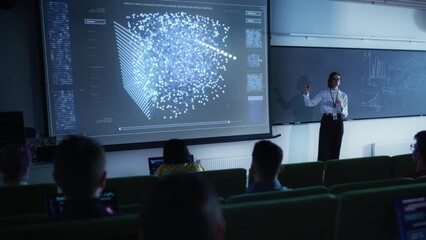Aufkleber - Diverse Multicultural Students Studying in University Room, Listening to a Young Female Professor Explaining Big Data and Artificial Intelligence Research Project. Computer Science Education Concept
