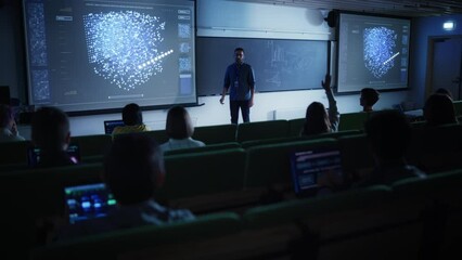 Fototapete - Diverse Multicultural Students Studying in University Room, Listening to a Young Multuethnic Professor Explaining Big Data and Artificial Intelligence Research Project. Computer Science Education