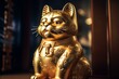 A cutting-edge Maneki-neko, a fortunate cat with Japanese technology. A robotic cat, well-known in Asian communities. A gold lucky cat figure. Generative AI