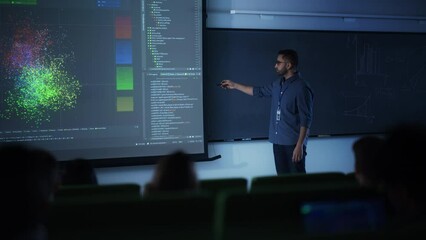 Aufkleber - Portrait of a Young Male Teacher Giving a Data Science Lecture to Diverse Multiethnic Group of Female and Male Students in Dark College Room. Projecting Slideshow with a Neural Network Model