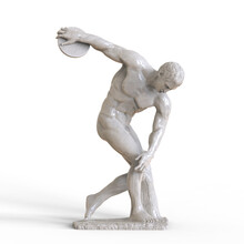 Myron Discobolus Sculpture. The Discobolus Thrower Statue In The Side View. A Part Of The Ancient Olymp Games.	