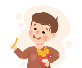 Poster - Funny Boy Character Eating French Fries Showing Like Vector Illustration