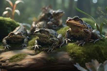 A Detailed Illustration Of A Group Of Amphibians, Such As Frogs Or Salamanders, In Their Natural Habitat, Generative AI