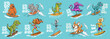 Animals dude surf summer t-shirt print. Wild bear, dinosaur, crocodile ride surfboard big wave. Corgi and cat