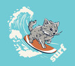 Cute Kitty surfer cool summer t-shirt print. Cat ride surfboard on big wave.