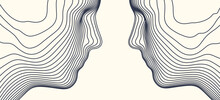 Two Opponents Facing Each Other. Conflict. People Talk Face To Face. The Concept Of Rivalry. Abstract Digital Human Head Made From Lines. 3d Vector Illustration For Banner, Poster, Cover Or Brochure.