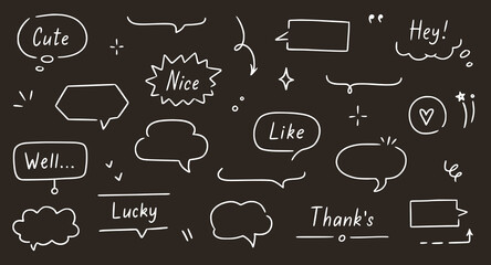 Poster - Balloon text frame decoration set chalkboard background. Simple hand drawn pen line speech bubble, cloud, balloon frame for text border. Doodle elegant dialog bubble. Vector illustration Generative AI