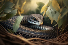 Macro Shot Of A Very Venomous Snake Wrapped Around A Branch Between The Leaves, Ai Generative