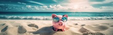 Piggy Bank Wearing Sunglasses Chilling At The Beach, Save Money For Vacation Concept. Generative AI
