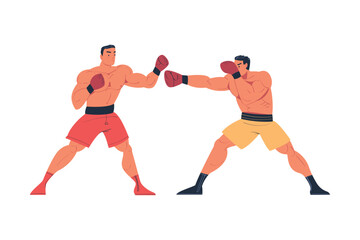 Canvas Print - Muscular men in sportswear and boxing gloves throwing punches at each other cartoon vector illustration