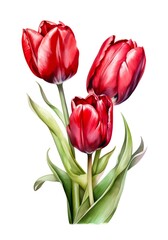 Wall Mural - Watercolor bouquet of three red tulips isolated on white background. Generative AI.