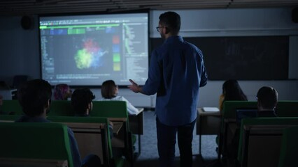 Poster - Young University Professor Explaining the Importance of Artificial Intelligence to a Group of Diverse Multiethnic Students in a Dark Auditorium. Teacher Walking Between the Rows While Giving a Lecture