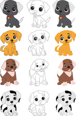  set of puppies, dogs childrens coloring book isolated vector