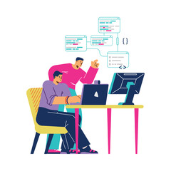 people writing programming code together, teamwork concept - flat vector illustration isolated on wh