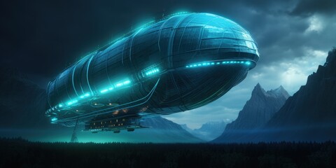 Wall Mural - Technological airship with blue neon lights, futuristic game concept, digital illustration. Generative AI