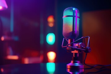 Microphone in a podcast room, bokeh background, gradient neon lights. Generative AI