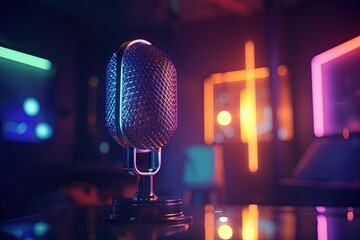 Wall Mural - Microphone in a podcast room, bokeh background, gradient neon lights. Generative AI