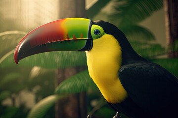 Beautiful toucan illustration, animal life concept, forest in background, bokeh background. Generative AI