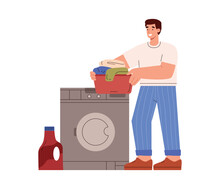 Smiling Young Man Washes Clothes Flat Style, Vector Illustration