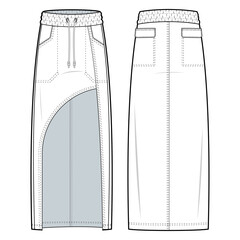 Wall Mural - Asymmetric cut out Maxi skirt with drawstring waist technical fashion illustration. Maxi skirt flat sketch vector template illustration. front and back view. isolated in white colour. CAD mock-up set.