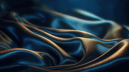 Blue and Gold Fabric in Wavy Bokeh Abstract Background. Generative AI